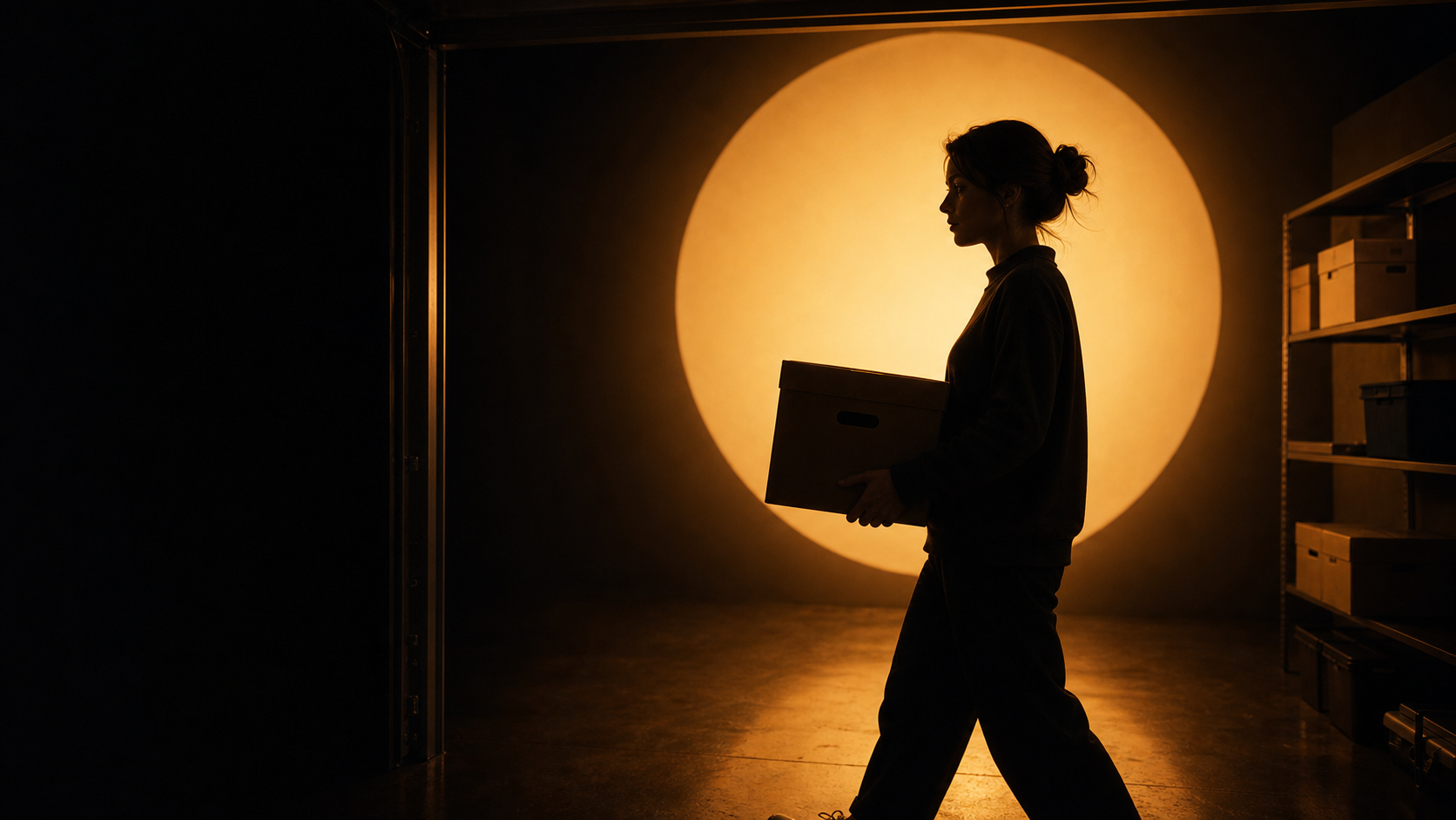 A silhouetted person carrying a storage box in a private storage space